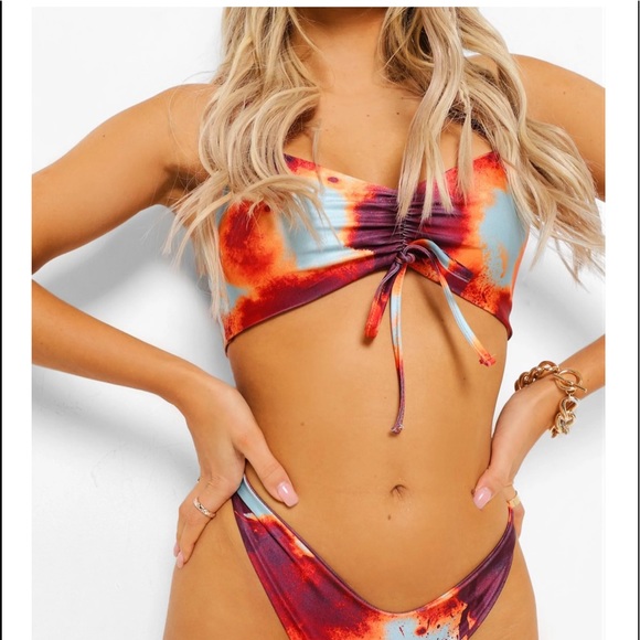 NWOT Boohoo Ink Print Ruched Bikini Top - Picture 4 of 5